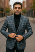 Mens Blue and Grey Windowpane Plaid Blazer –  Casual Sport Coat