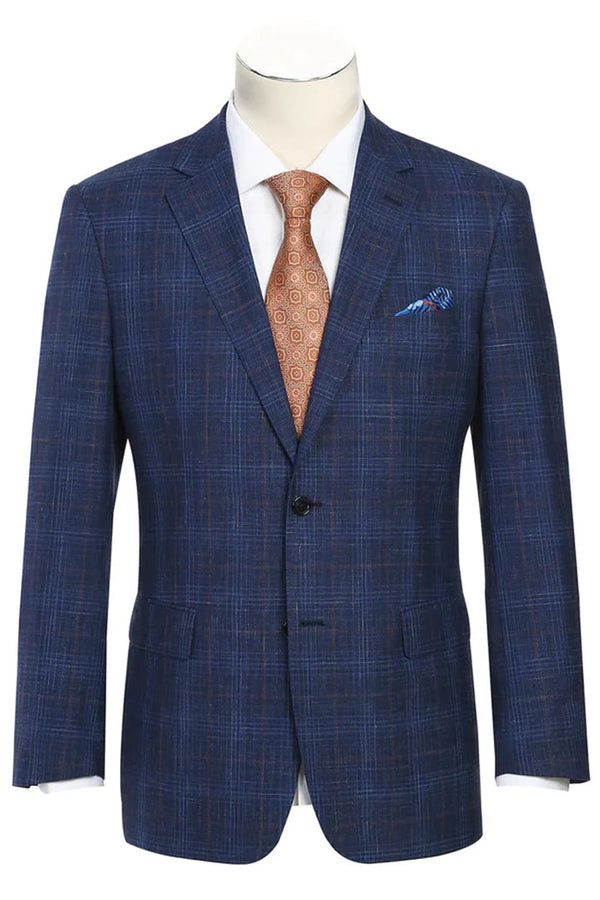 Mens Classic Fit Two Button Wool and Linen Blue Windowpane Plaid Sportcoat Blazer