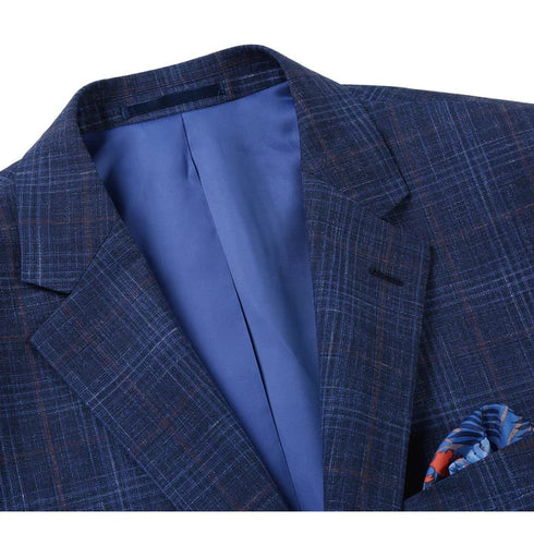 Mens Classic Fit Two Button Wool and Linen Blue Windowpane Plaid Sportcoat Blazer