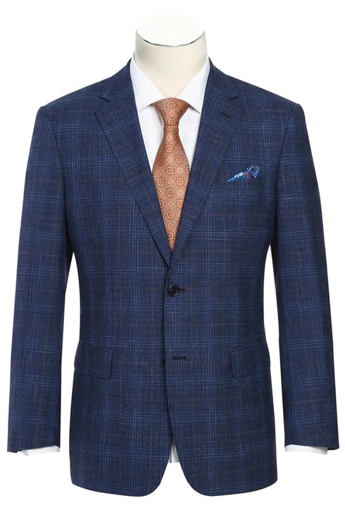 Mens Classic Fit Two Button Wool & Linen Blue Windowpane Plaid Blazer