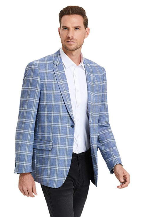 Mens two button business casual double windowpane blue sport coat