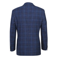 Mens Classic Fit Two Button Wool and Linen Blue Windowpane Plaid Sportcoat Blazer