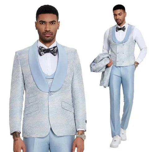 2025 Prom Special Blue Tuxedo Suit w/ Double-Breasted Vest by Tazzio