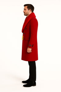 Mens Double Breasted Red Overcoat with Bold Red Faux Fur Collar – Alberto Nardoni Luxury Winter Coat