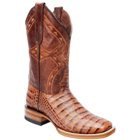 Mens Cognac Crocodile Print Boots