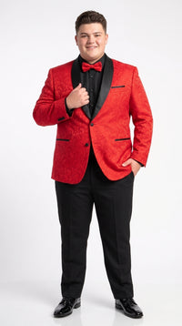 Men’s Red Paisley Jacquard Tuxedo Suit, Modern Fit Black Satin Shawl Lapel Prom Wedding Formal Suit