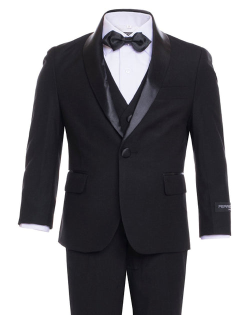 Boys Vested Shawl Collar Tuxedo in Black