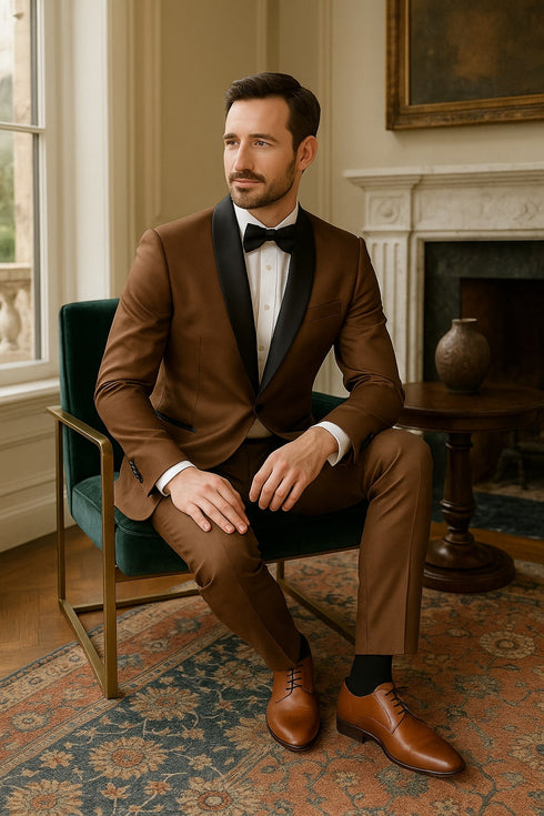 Mens Bronze Satin Shawl Lapel Tuxedo Suit – Light Brown Coffee Color