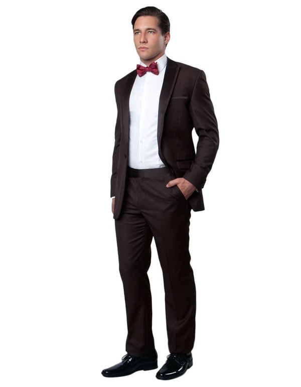 Mens Modern Wool Peak Trim Tuxedo in Brown