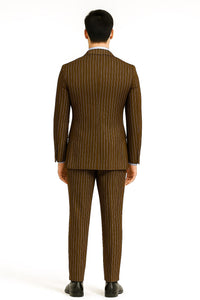 Mens Brown Pinstripe Double-Breasted Suit – Classic 6-Button Business and Vintage Style