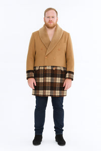 Mens Camel Brown Shawl Collar Overcoat with Plaid Wool Bottom – Double-Breasted Winter Topcoat With Fur Collar