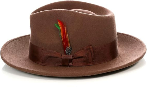 Gangster 100% Austrailian Wool Crushable Mens Fedora Hat - Removable Feather Gangster Brown Mens Fedora Hat