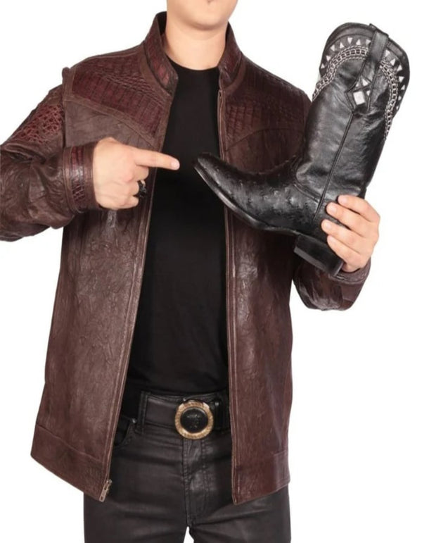 Fine Leather Brown Jacket with Crocodile Applications