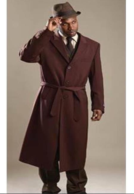 Full Length Belted Style Mens Raglan Overcoat - Wool Fabric Belted Brown Coat