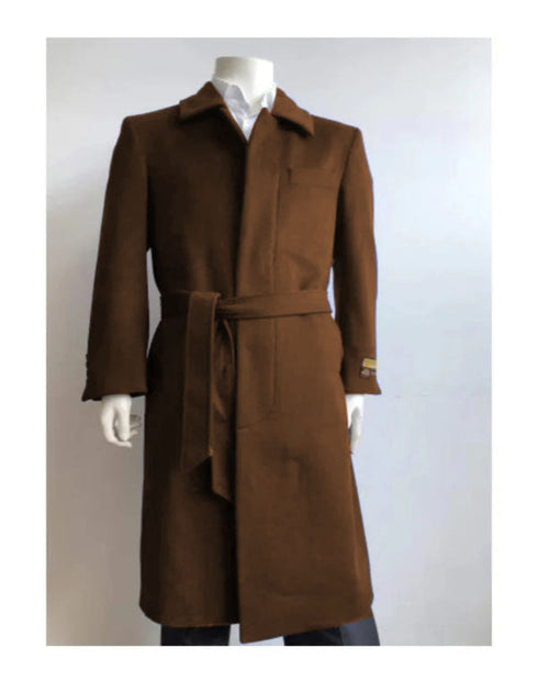 Mens Solid Brown 100% Wool Gabardine Belted Duster Overcoat