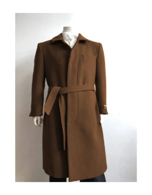 Mens Solid Brown 100% Wool Gabardine Belted Duster Overcoat