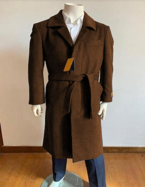 Mens Solid Brown 100% Wool Gabardine Belted Duster Overcoat