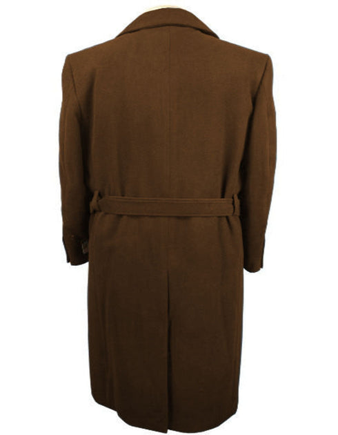 Mens Solid Brown 100% Wool Gabardine Belted Duster Overcoat