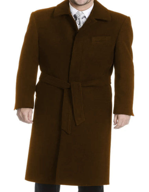 Mens Solid Brown 100% Wool Gabardine Belted Duster Overcoat