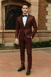 Mens Burgundy Shiny Stripe Tuxedo Jacket – Slim Fit Satin Lapel Dinner Blazer for Formal Events