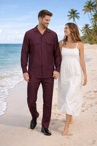 Mens Luxury Burgundy Wool Two-Piece Leisure Walking Suit