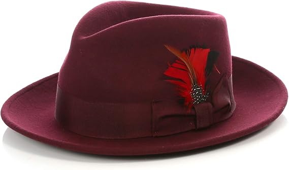 Gangster 100% Austrailian Wool Crushable Mens Fedora Hat - Removable Feather Gangster  Burgundy Mens Fedora Hat