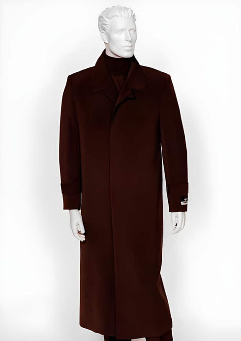 Men's Burgundy 4 Buttons Full Length All Weather Coat Duster Maxi Coat