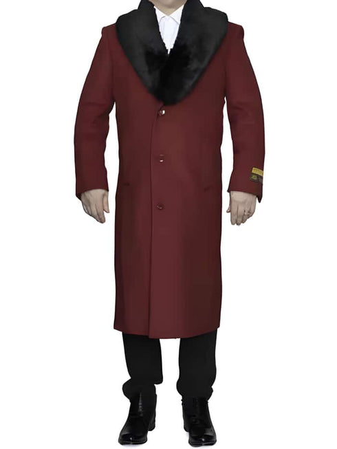 Removable Fur Collar Burgundy Overcoat Ankle length Wool Dress Top Coat