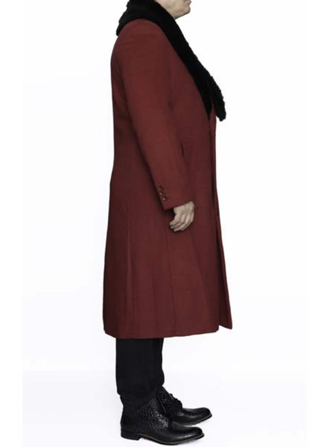 Removable Fur Collar Burgundy Overcoat Ankle length Wool Dress Top Coat