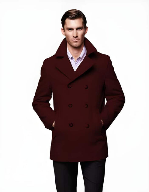 Men's Designer Wool Peacoat Sale Available Fabric Double Breasted Style Coat In Dark Burgundy