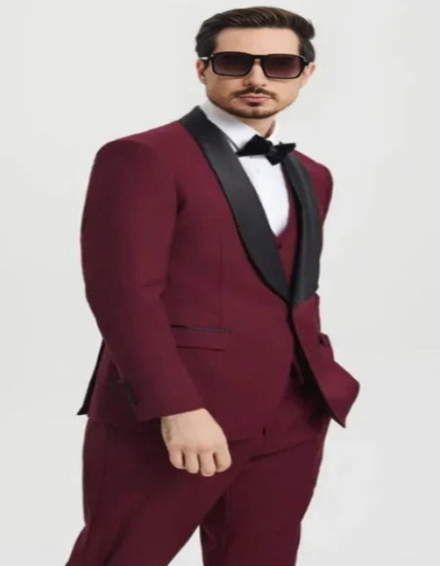 Burgundy Tuxedo - Maroon Burgundy Color - Mens One Button Shawl Lapel Matching Pants and Vest Tuxedo in Burgundy