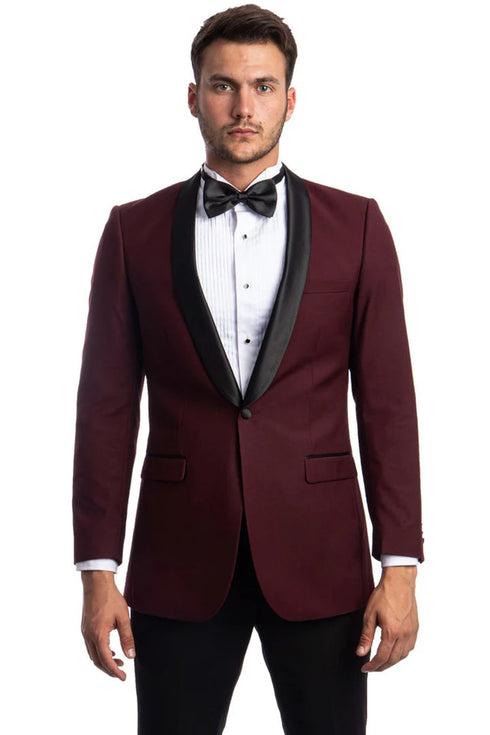 Mens One Button Shawl Lapel Burgundy and Black Dinner Jacket