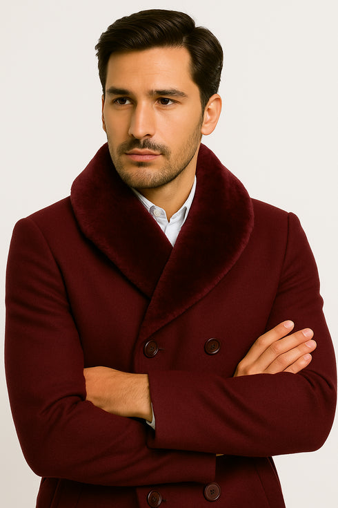 Mens Burgundy Double-Breasted Overcoat with Faux Fur Shawl Collar – Slim Fit Peacoat - Alberto Nardoni Signature