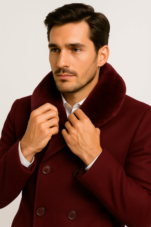 Mens Burgundy Double-Breasted Overcoat with Faux Fur Shawl Collar – Slim Fit Peacoat - Alberto Nardoni Signature