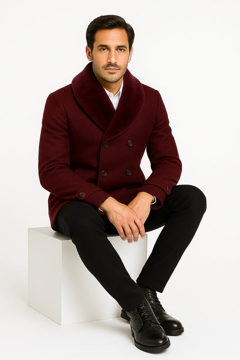 Mens Burgundy Double-Breasted Overcoat with Faux Fur Shawl Collar – Slim Fit Peacoat - Alberto Nardoni Signature