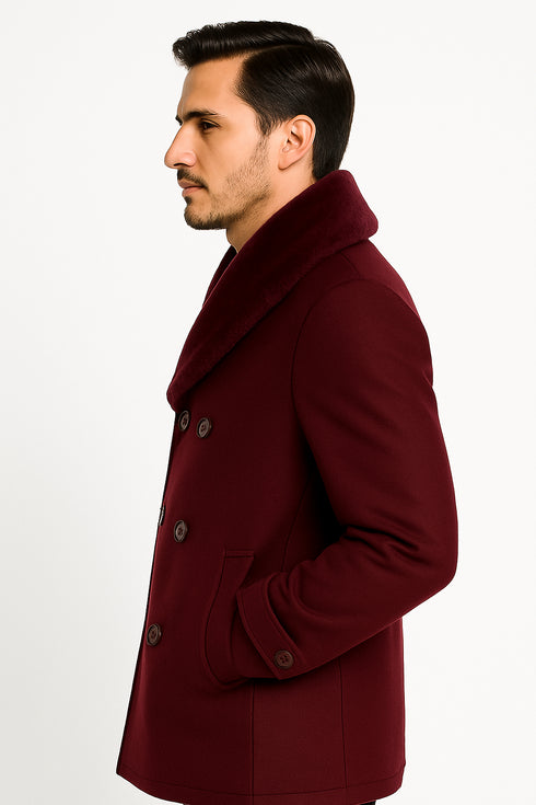 Mens Burgundy Double-Breasted Overcoat with Faux Fur Shawl Collar – Slim Fit Peacoat - Alberto Nardoni Signature