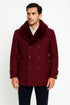 Mens Burgundy Double-Breasted Overcoat with Faux Fur Shawl Collar – Slim Fit Peacoat - Alberto Nardoni Signature