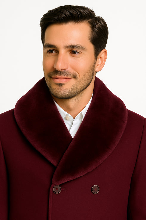 Mens Burgundy Double-Breasted Overcoat with Faux Fur Shawl Collar – Slim Fit Peacoat - Alberto Nardoni Signature