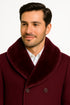 Mens Burgundy Double-Breasted Overcoat with Faux Fur Shawl Collar – Slim Fit Peacoat - Alberto Nardoni Signature