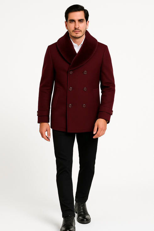 Mens Burgundy Double-Breasted Overcoat with Faux Fur Shawl Collar – Slim Fit Peacoat - Alberto Nardoni Signature