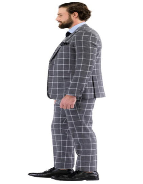 Mens Plaid Suit - Windowpane Pattern With Vest - Business Suit Grey