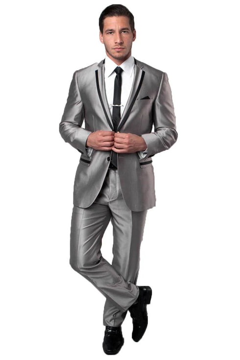 Mens Gray Tuxedo - Grey Wedding Suit-Men'S Two Button Slim Fit Wedding & Prom Tuxedo Suit In Shiny Silver Sharkskin With Black Piping