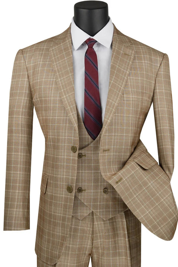 Mens 2 Button Vested Peak Lapel Plaid Windowpane Camel Suit