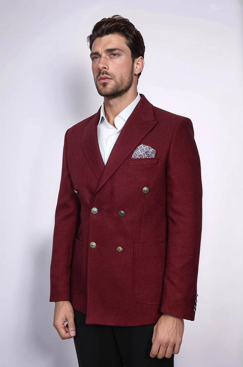 Mens Burgundy Slim Fit Blazer – Sharp Double Breasted Design