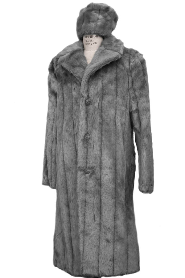 Mens Long Full Length Faur Fur Coat in Grey