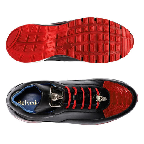 Belvedere  Flash Men's Shoes Black & Red Exotic Ostrich / Calf-skin Leather Casual Sneakers