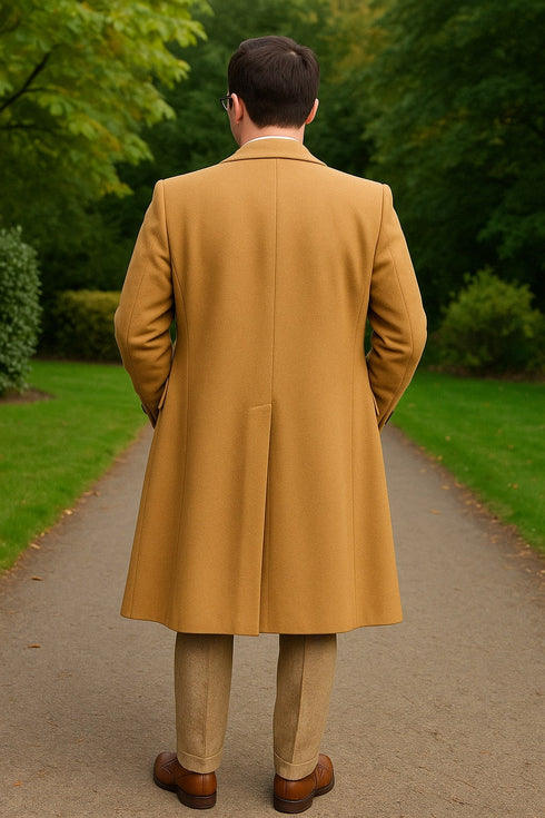 Great Gatsby Package -  Mens Camel Overcoat with Beige Tweed 3-Piece Suit Combo 4 Items Formal Winter Outfit