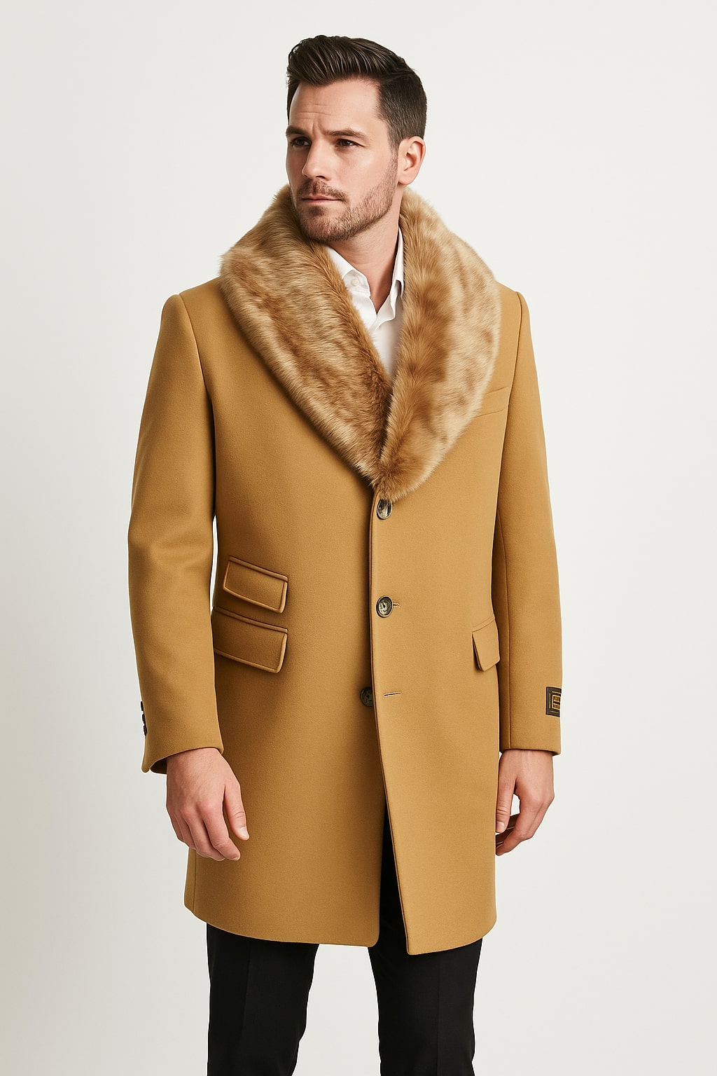 Mens Camel Overcoat with Light Faux Fur Collar – Single-Breasted Wool –  OvercoatUSA