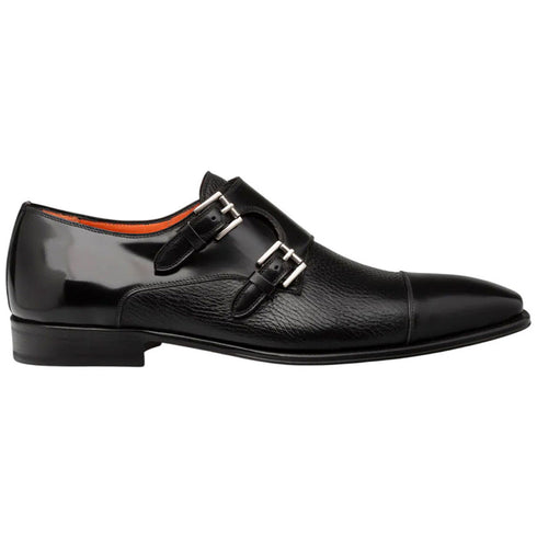 Men's Cantera Genuine Leather Double Monk Strap Black Shoes By Mezlan Made In Spain Brand