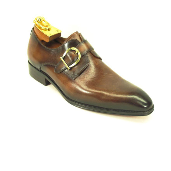 Mens Carrucci Classic Leather Fade Single D-Buckle Monk Strap Dress Shoe in Chestnut